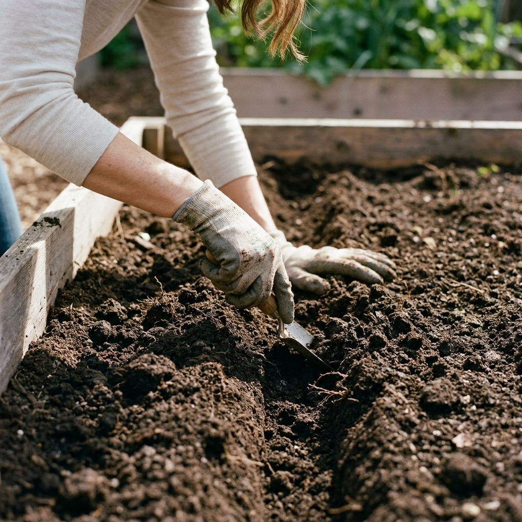 A gardener’s hands using a narrow shovel to dig a straight trench in a raised garden bed filled with dark soil