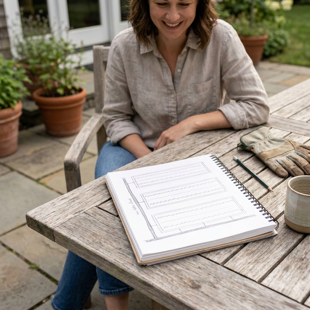 A gardener’s notebook on a patio table showing a simple hand-drawn layout of several raised beds with dripline rows and a main supply line routed along the bed edges