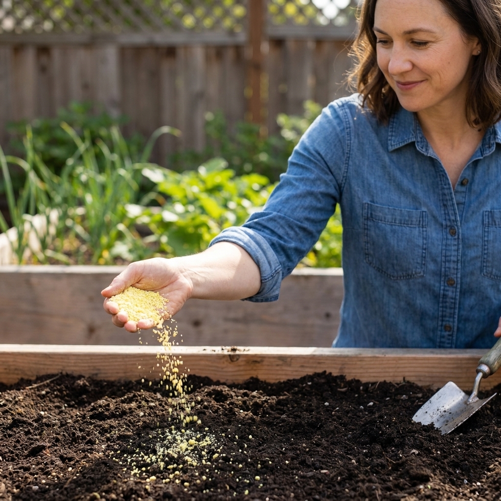A hand holding granular elemental sulfur over a raised bed while sprinkling it across dark soil before mixing in
