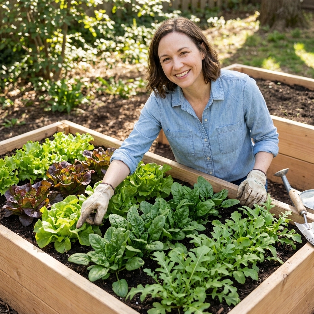 A neat shallow raised bed planted in small blocks of lettuce, spinach, and arugula at different growth stages