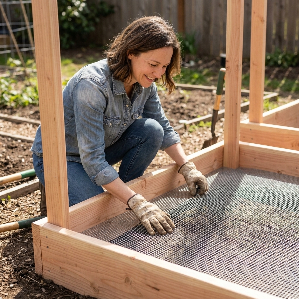 A piece of galvanized hardware cloth stretched flat under a wooden raised bed frame before filling with soil