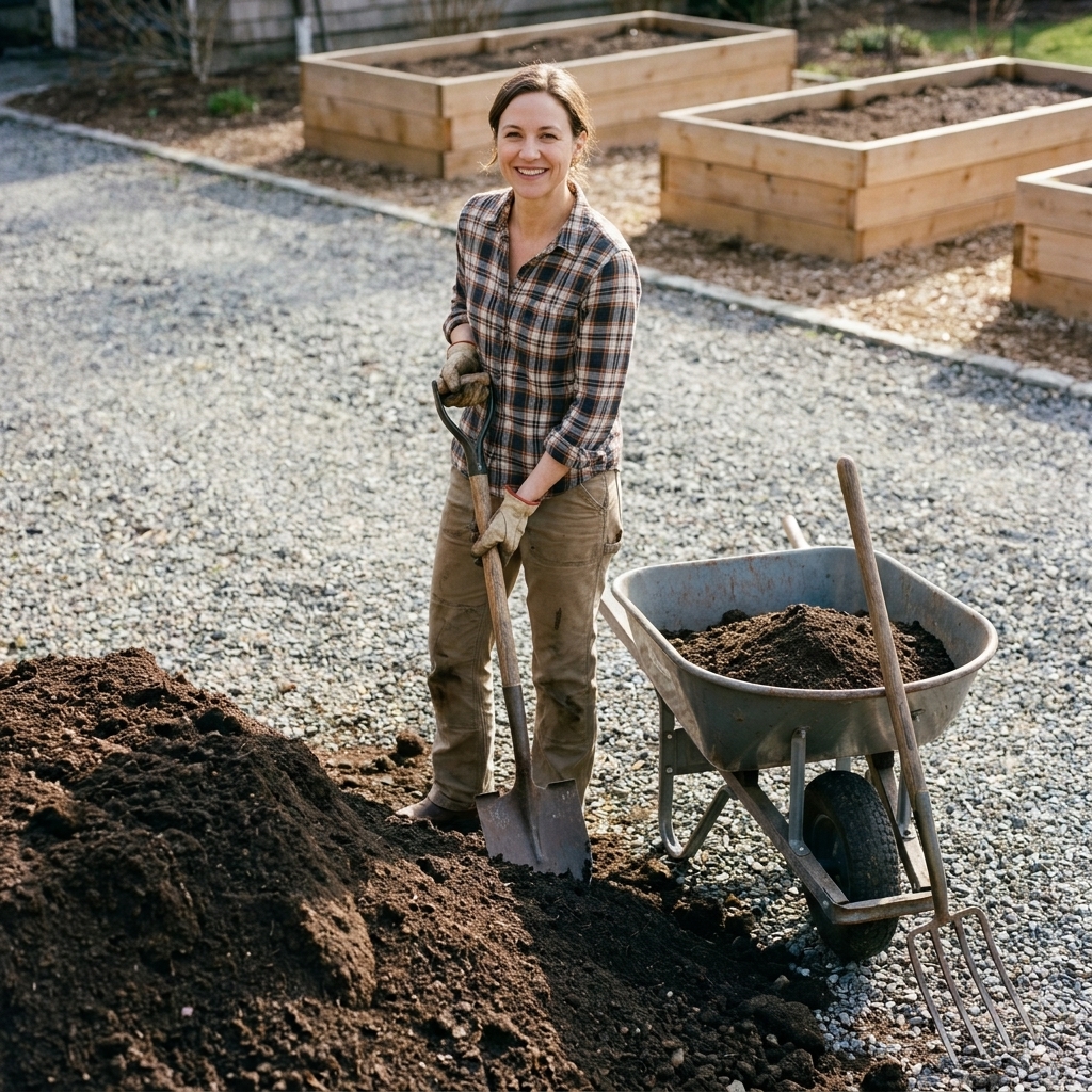 A pile of dark garden soil dumped on a driveway next to a wheelbarrow and shovel, ready for filling raised beds