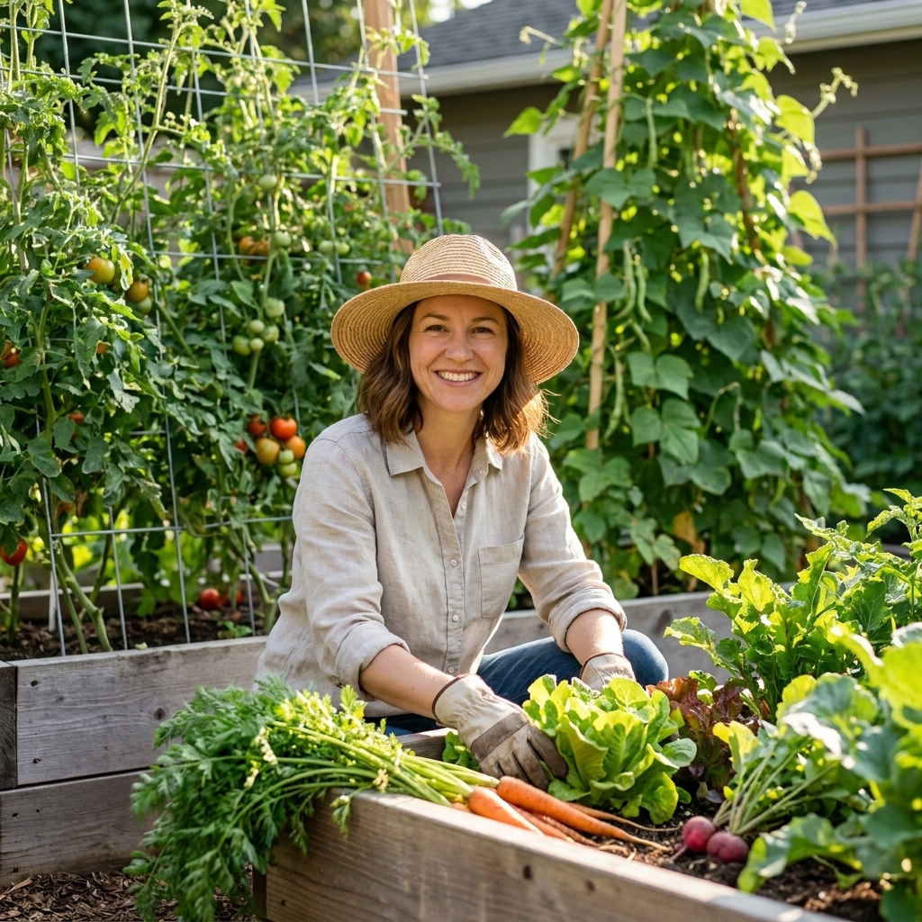 A productive backyard raised bed in midsummer with tall trellised vines at the back and shorter greens and root crops in the front, with sunlight hitting the front edge.