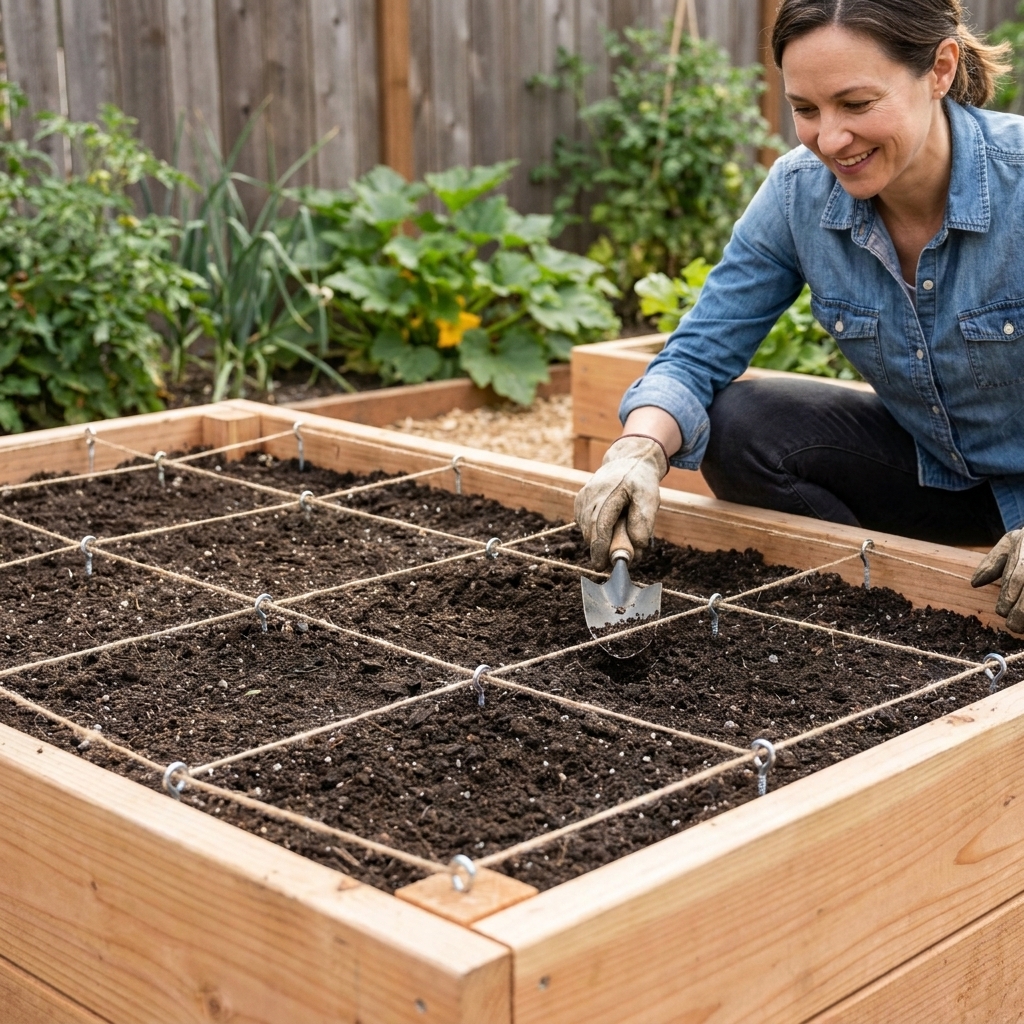 A raised bed corner showing small hooks and taut string forming a one-foot grid across the soil surface