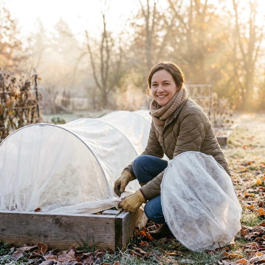 A raised bed covered with a fabric row cover over hoop supports on a chilly autumn morning