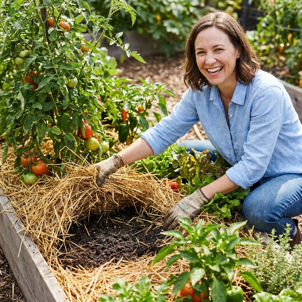 A raised bed full of vegetable plants with a thick layer of straw mulch covering the soil, showing moist soil beneath the mulch near plant bases