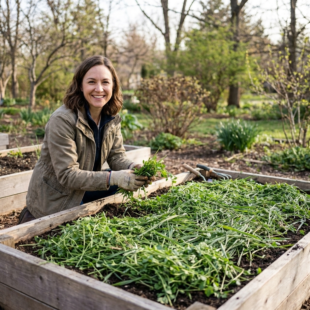 A raised bed in early spring with freshly cut cover crop greens spread across the soil surface as mulch