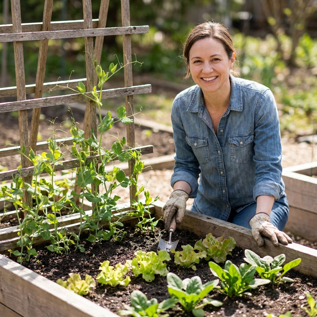 A raised bed in spring with pea vines climbing a trellis along the back edge and small greens growing at the front.