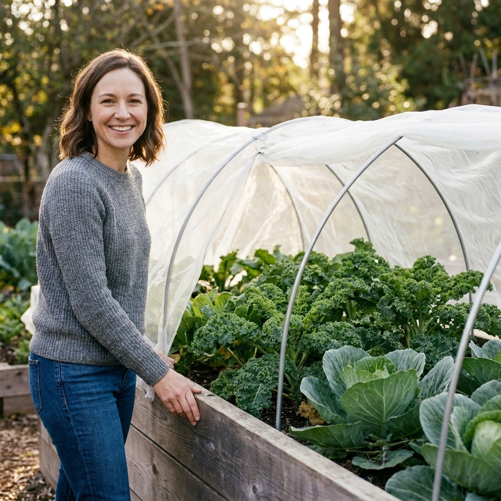 A raised bed of kale and cabbage covered with a lightweight insect net supported by hoop tunnels