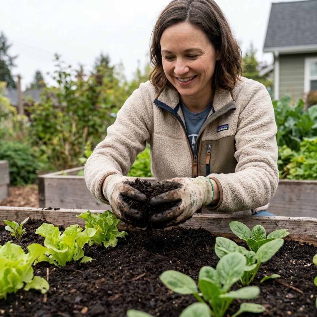A raised bed top dressed with dark, crumbly leaf mold around young salad greens on a cloudy day