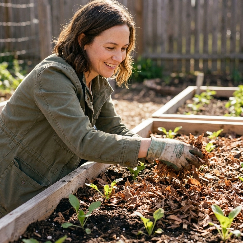 A raised bed topped with a fresh layer of shredded leaf mulch around small spring seedlings