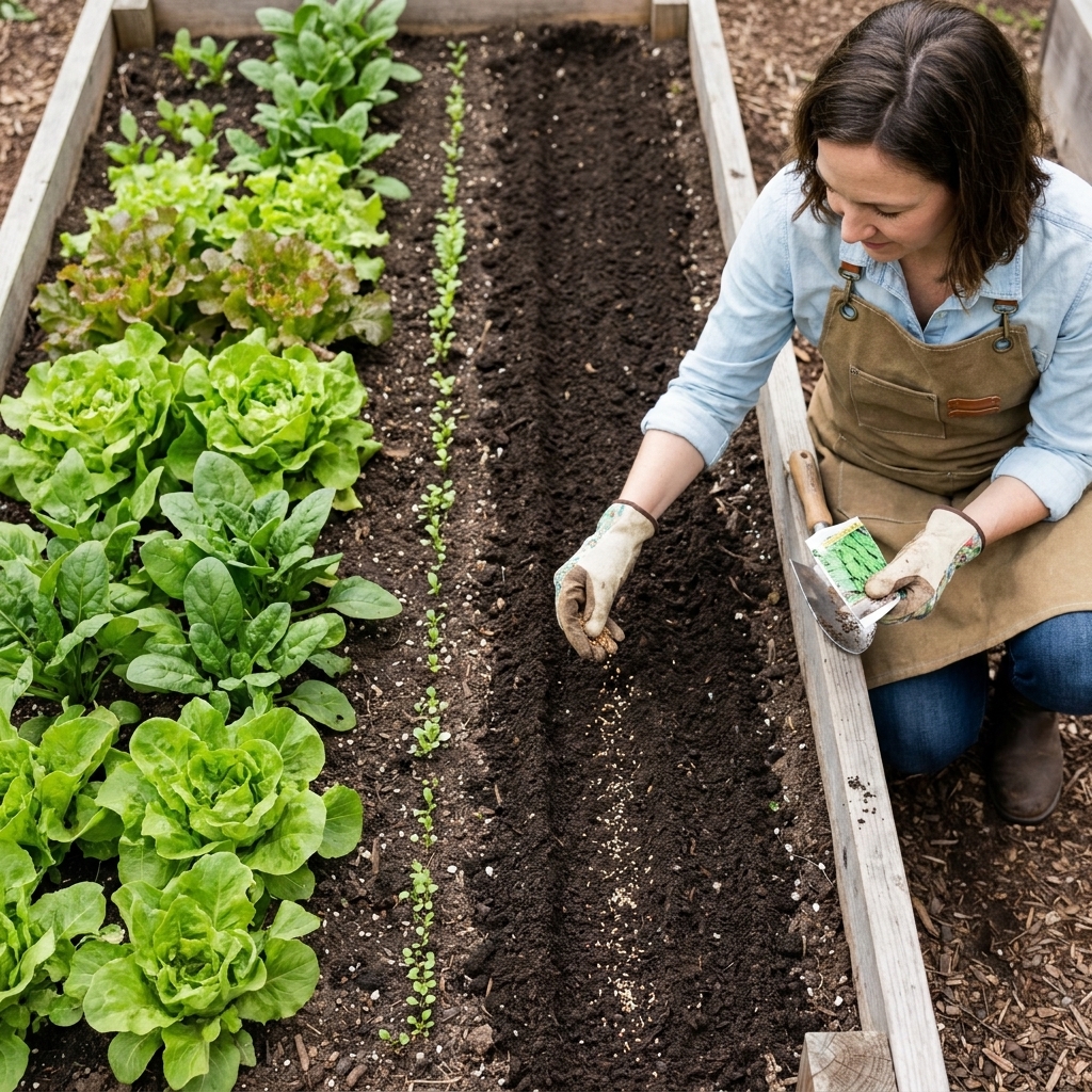 A raised bed viewed from above with several narrow rows at different growth stages, including tiny seedlings, larger leafy greens, and freshly raked soil ready for sowing