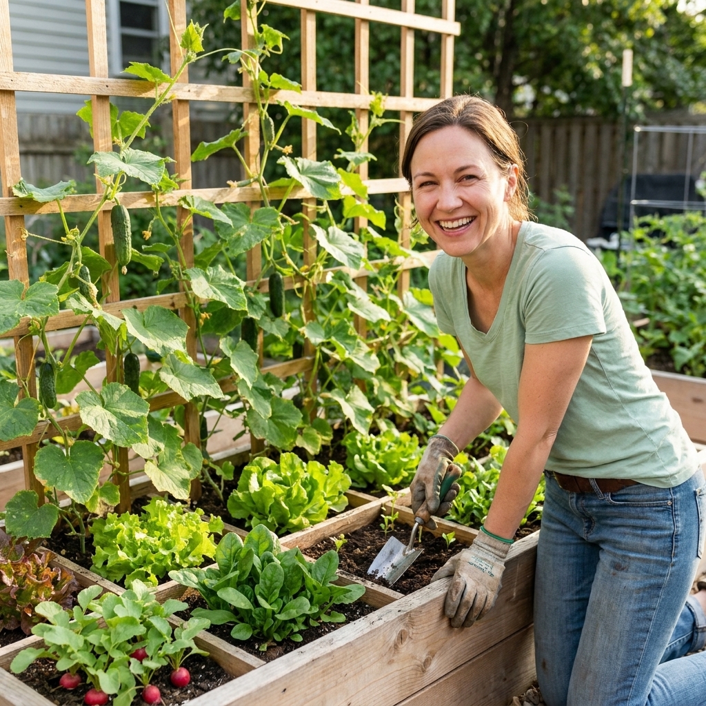 A raised bed with cucumber vines climbing a trellis, with smaller greens planted neatly below in square sections