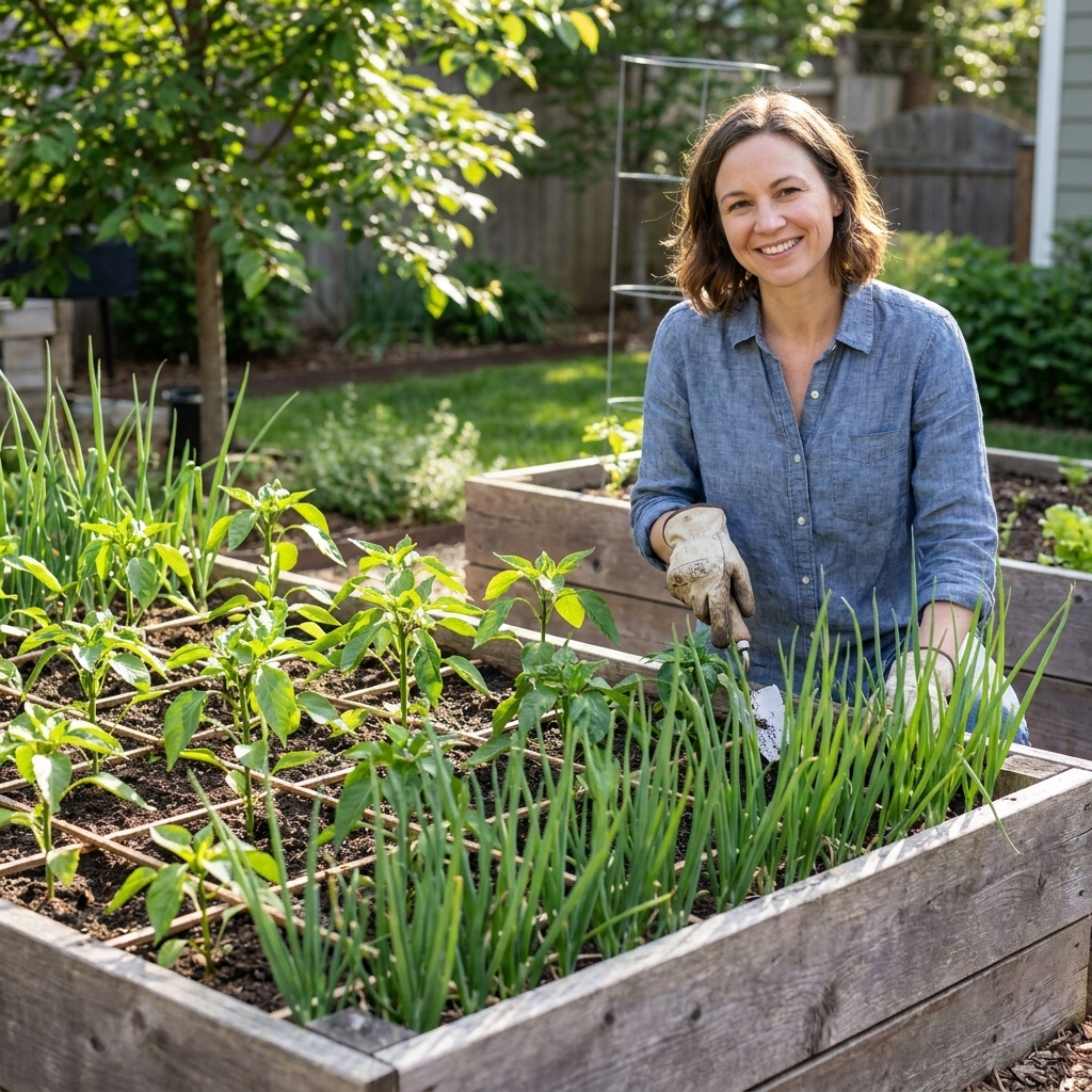A raised bed with young pepper plants spaced in a grid, with a tidy border of scallions planted along the wooden edge.