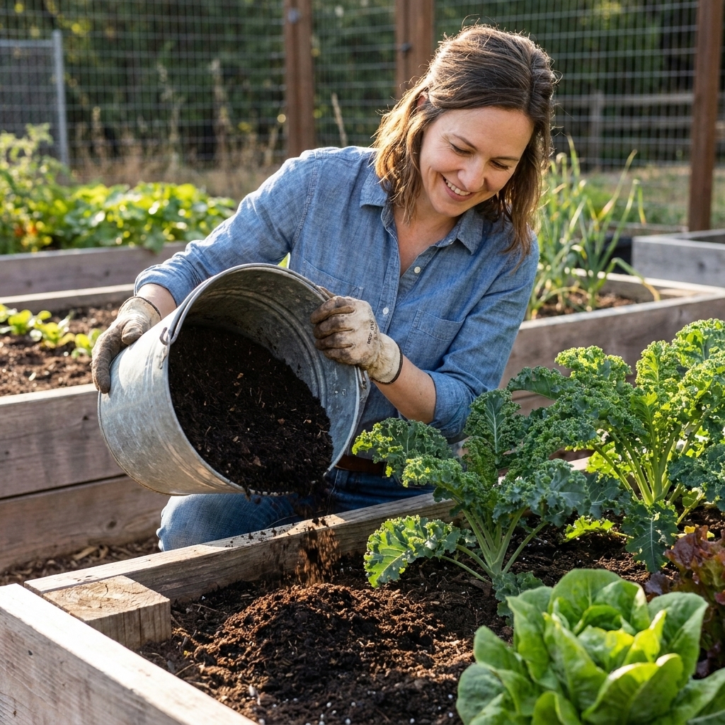 A raised garden bed being top-dressed with finished compost from a bucket while leafy vegetables grow nearby