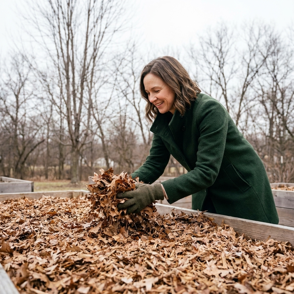 A raised garden bed covered with a thick layer of shredded brown leaves as winter mulch, with bare trees behind it