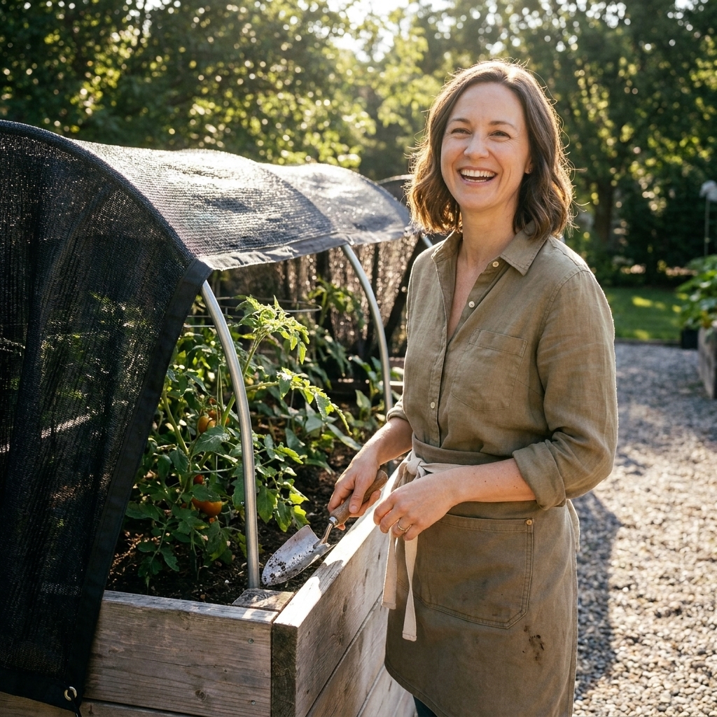 A raised garden bed covered with shade cloth on hoops during a bright summer afternoon
