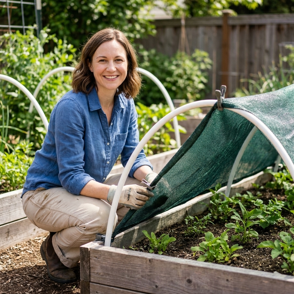 A raised garden bed with white PVC hoops forming a low tunnel and dark shade cloth clipped neatly along both sides