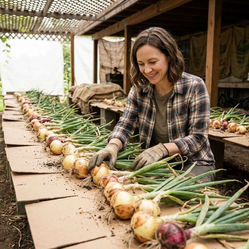 A row of freshly harvested onions laid out to dry on cardboard in a shaded area, with papery skins and green tops still attached