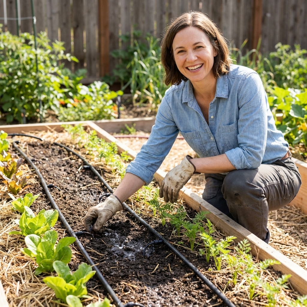 A shallow raised bed with a simple drip irrigation line running along rows of young vegetables, soil evenly moist and mulched