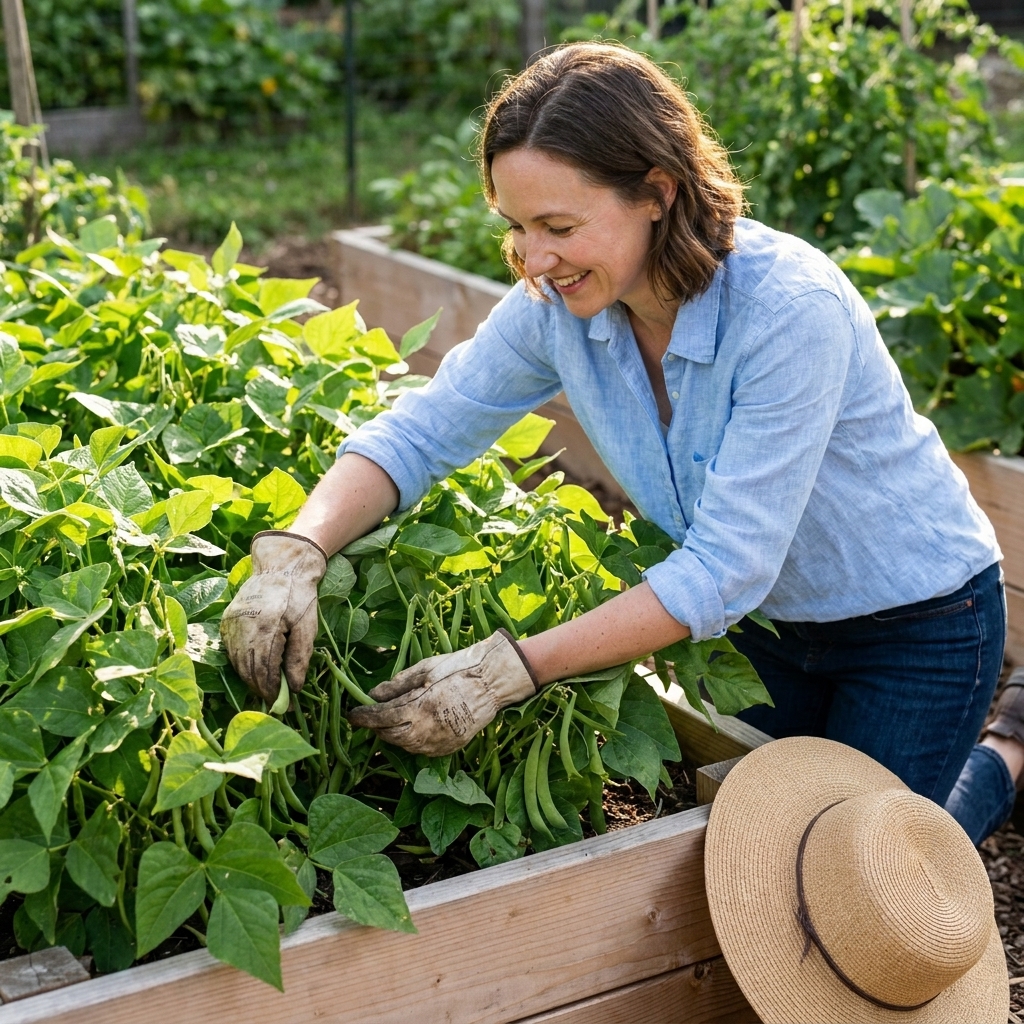A shallow raised bed with compact bush bean plants covered in green bean pods, leaves healthy and sunlit