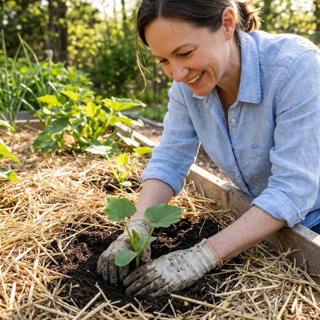 A small zucchini seedling with two true leaves being gently transplanted into a mulched raised bed in late spring