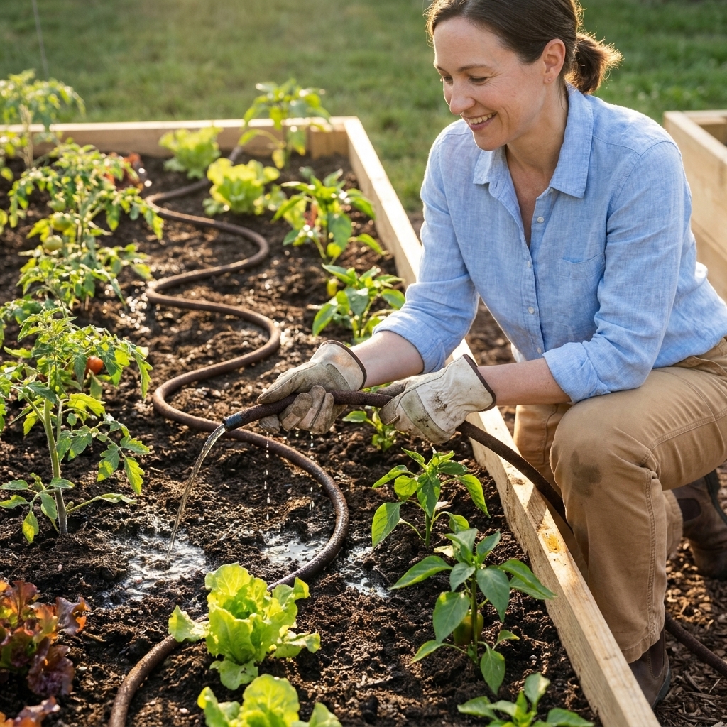 A soaker hose laid in neat curves across the surface of a raised bed, watering vegetable plants at the base in morning light