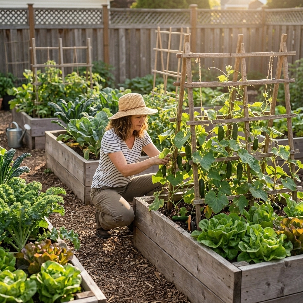 A sunny backyard with several wooden raised garden beds in neat rows, with trellised cucumbers, leafy greens, and mulched pathways