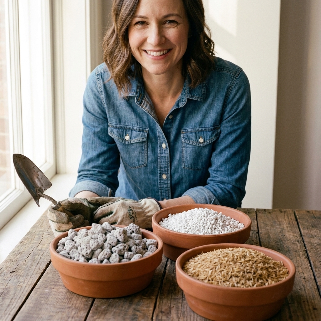A tabletop setup with three bowls holding pumice, perlite, and rice hulls beside a small garden trowel