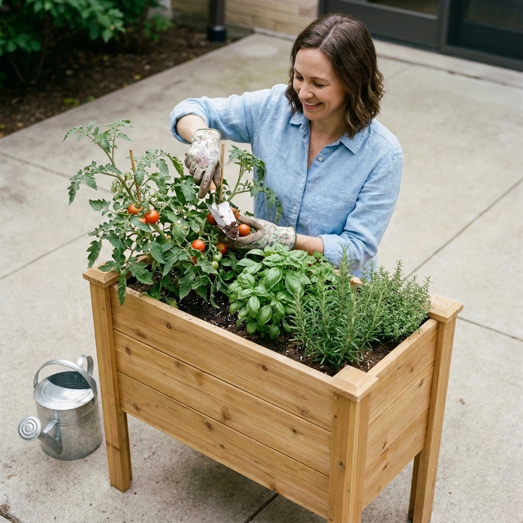 A tall raised planter box on a concrete patio filled with soil, with tomatoes and herbs growing and a watering can nearby