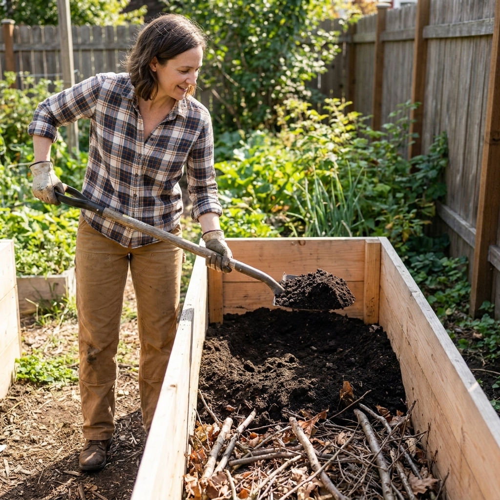 A tall wooden raised bed being filled in layers, with branches and leaf litter in the bottom and dark garden soil being shoveled on top