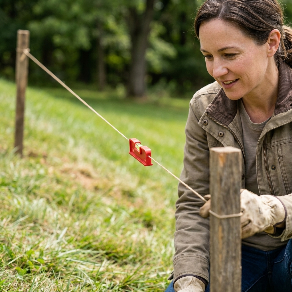 A taut string line stretched between two wooden stakes on a sloped lawn with a small line level clipped to the string