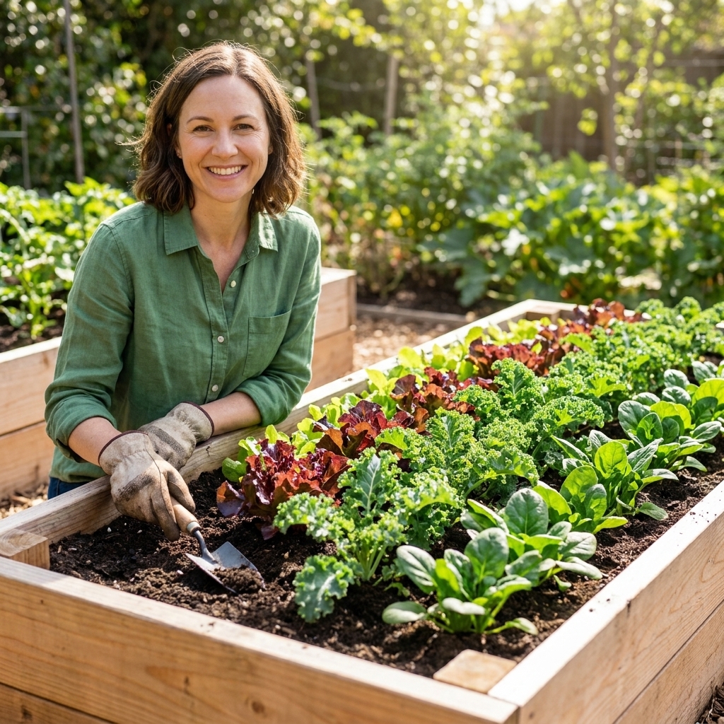 A thriving wooden raised bed planted with mixed salad greens including lettuce, kale, and spinach in neat rows with rich dark soil