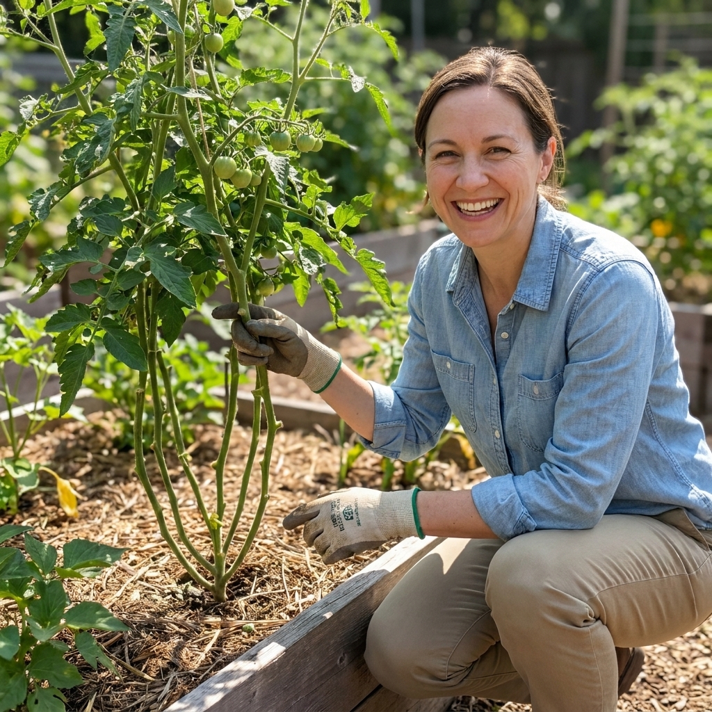 A tomato plant in a raised bed with its lower leaves removed, showing clean stems and mulch beneath for improved airflow