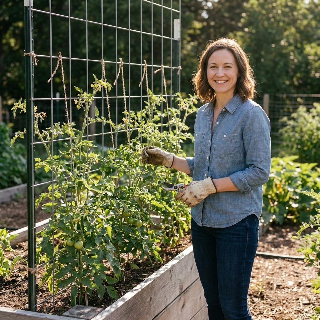 A vertical cattle panel trellis mounted along the back edge of a wooden raised bed with tomato plants clipped to the wire grid