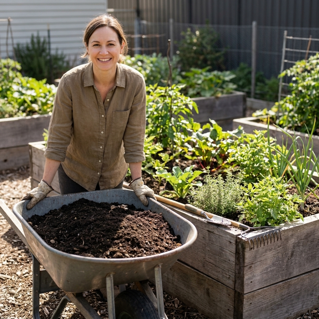A wheelbarrow filled with dark soil parked beside a wooden raised bed in a backyard garden