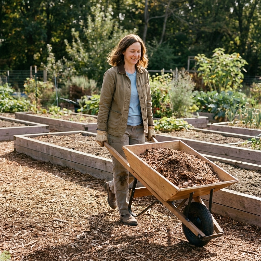 A wheelbarrow turning at the end of a row of raised garden beds with a wide open mulched turnaround area