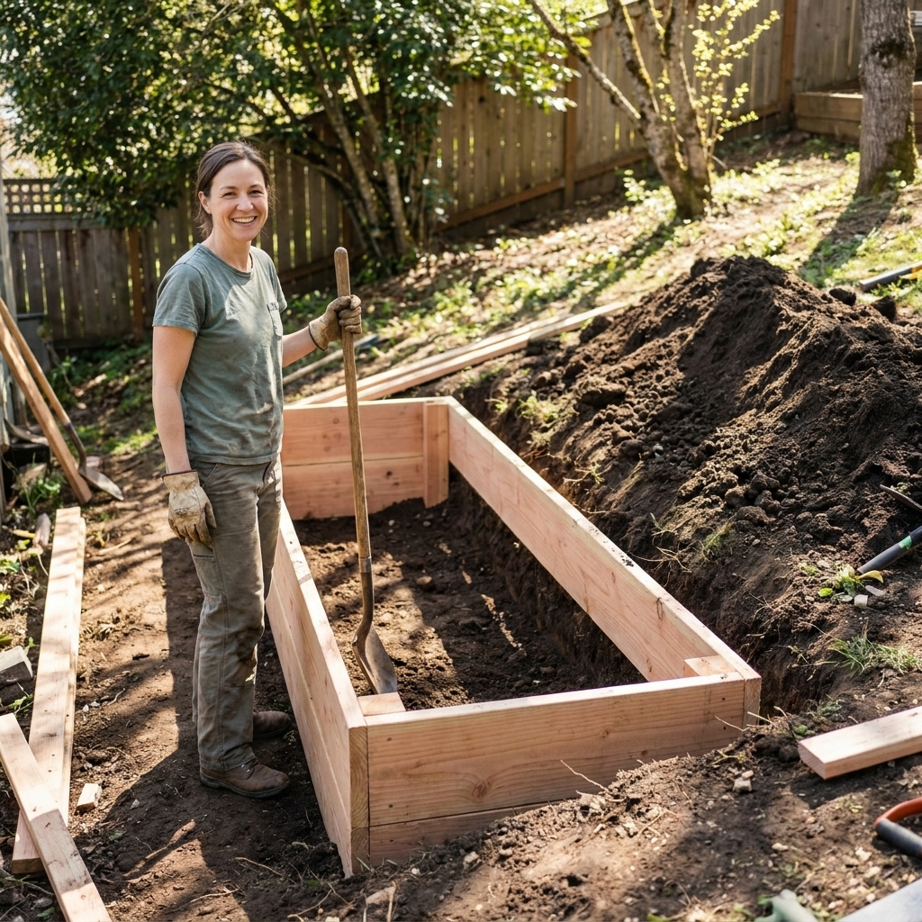 A wooden raised bed frame sitting in a shallow trench on a sloped backyard, with freshly dug soil piled on the uphill side