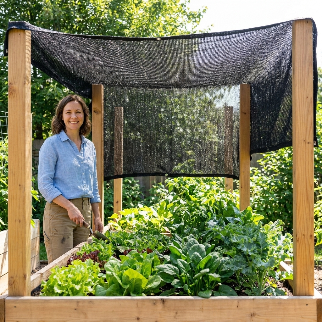 A wooden raised bed with four corner posts holding a taut black shade cloth canopy above leafy greens in summer