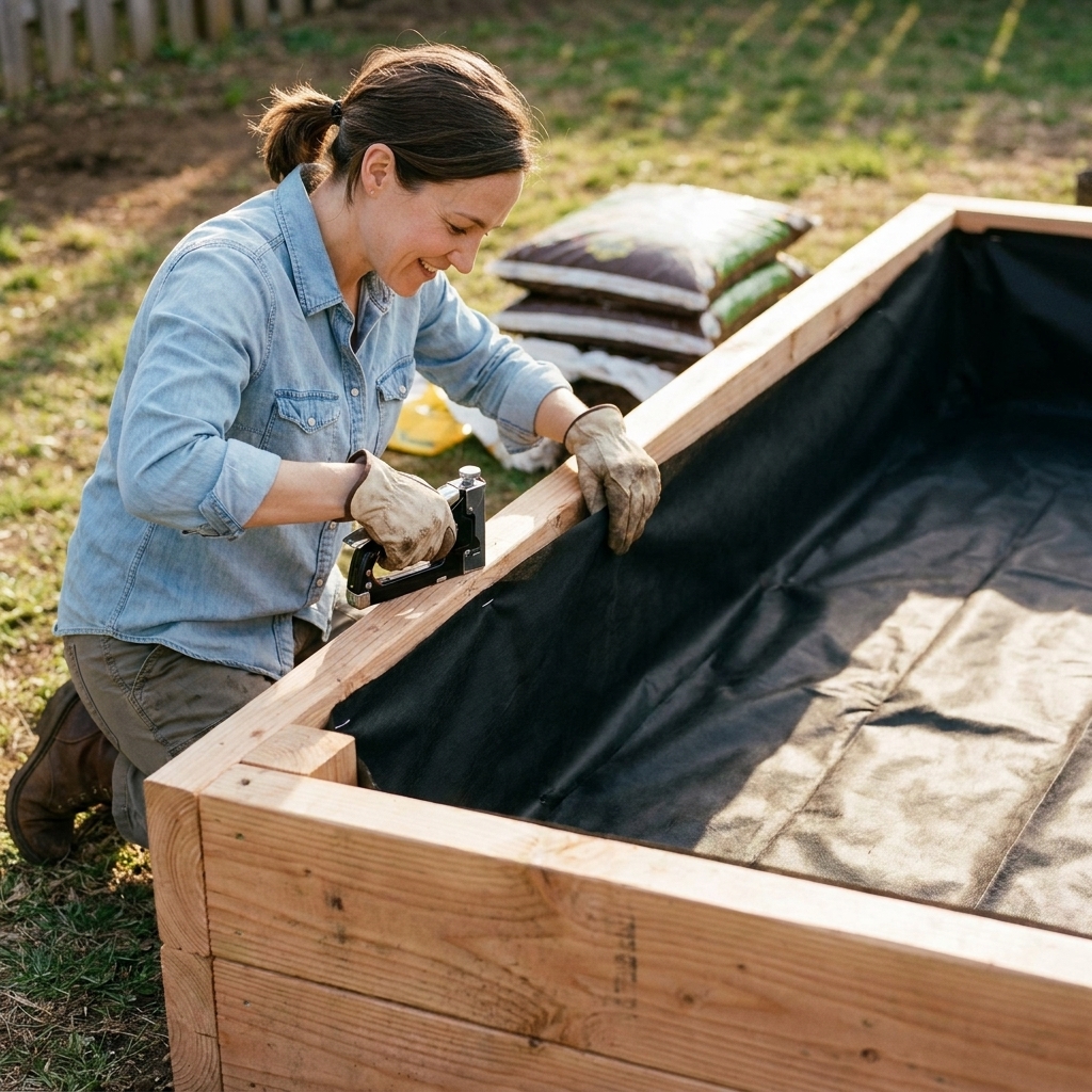 A wooden raised garden bed being lined with black landscape fabric stapled neatly along the inside walls before adding soil