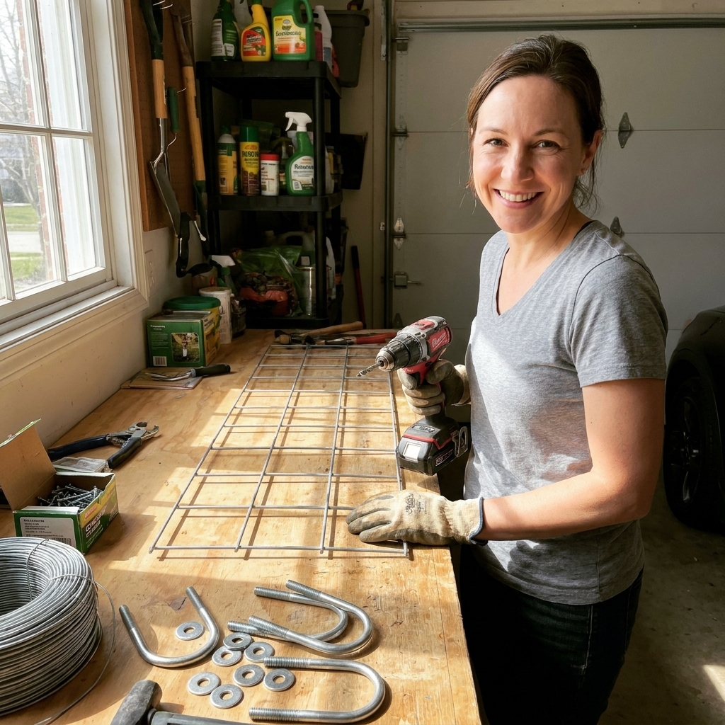 A workbench with a cattle panel section, galvanized U-bolts, washers, fencing wire, screws, and a drill laid out for building a raised bed trellis