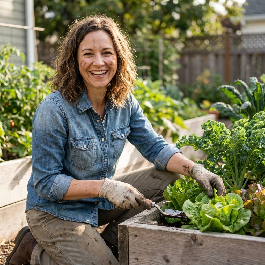 Abby Fielding kneeling beside a lush raised bed in a backyard garden, inspecting leafy greens and smiling while holding a small hand trowel
