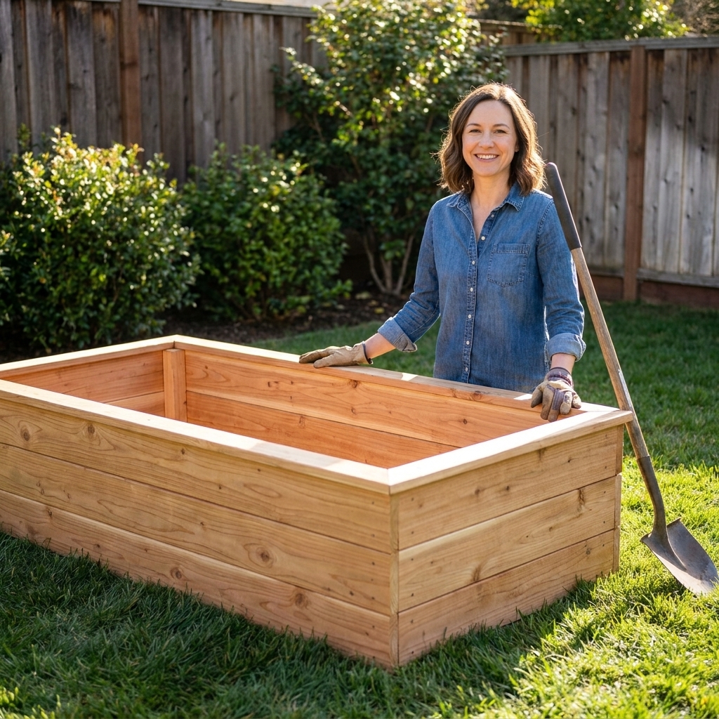 An empty cedar raised garden bed ready to be filled, sitting on level ground in a sunny backyard