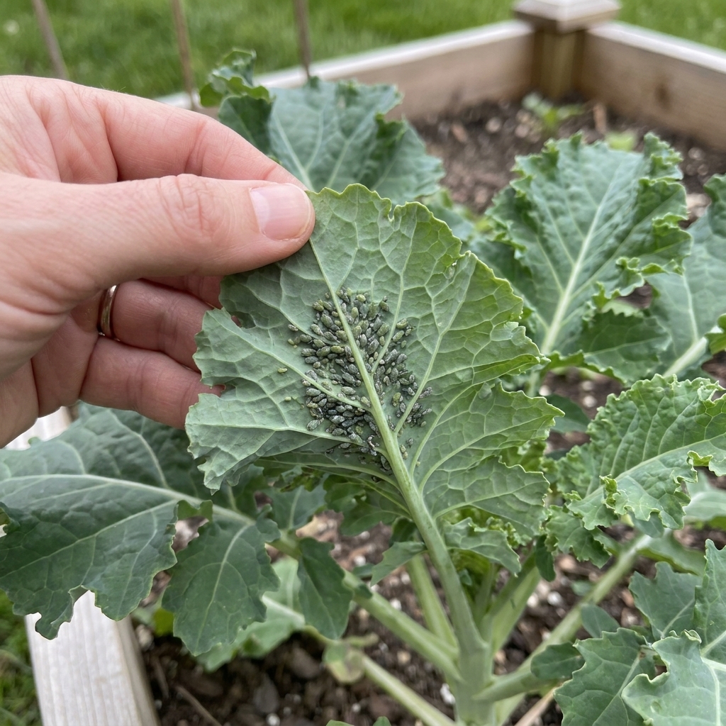 Aphids clustered on the underside of a kale leaf in a backyard raised bed.
