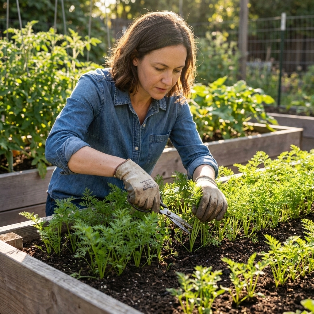 Carrot seedlings in a raised bed as a gardener uses small scissors to snip extra seedlings at the soil line