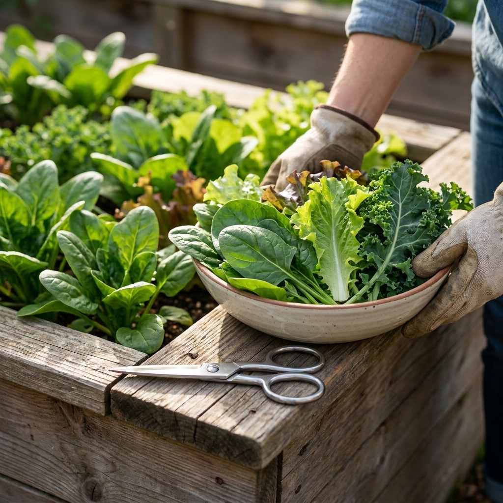 Clean garden scissors and a harvest bowl resting on the edge of a wooden raised bed filled with leafy greens