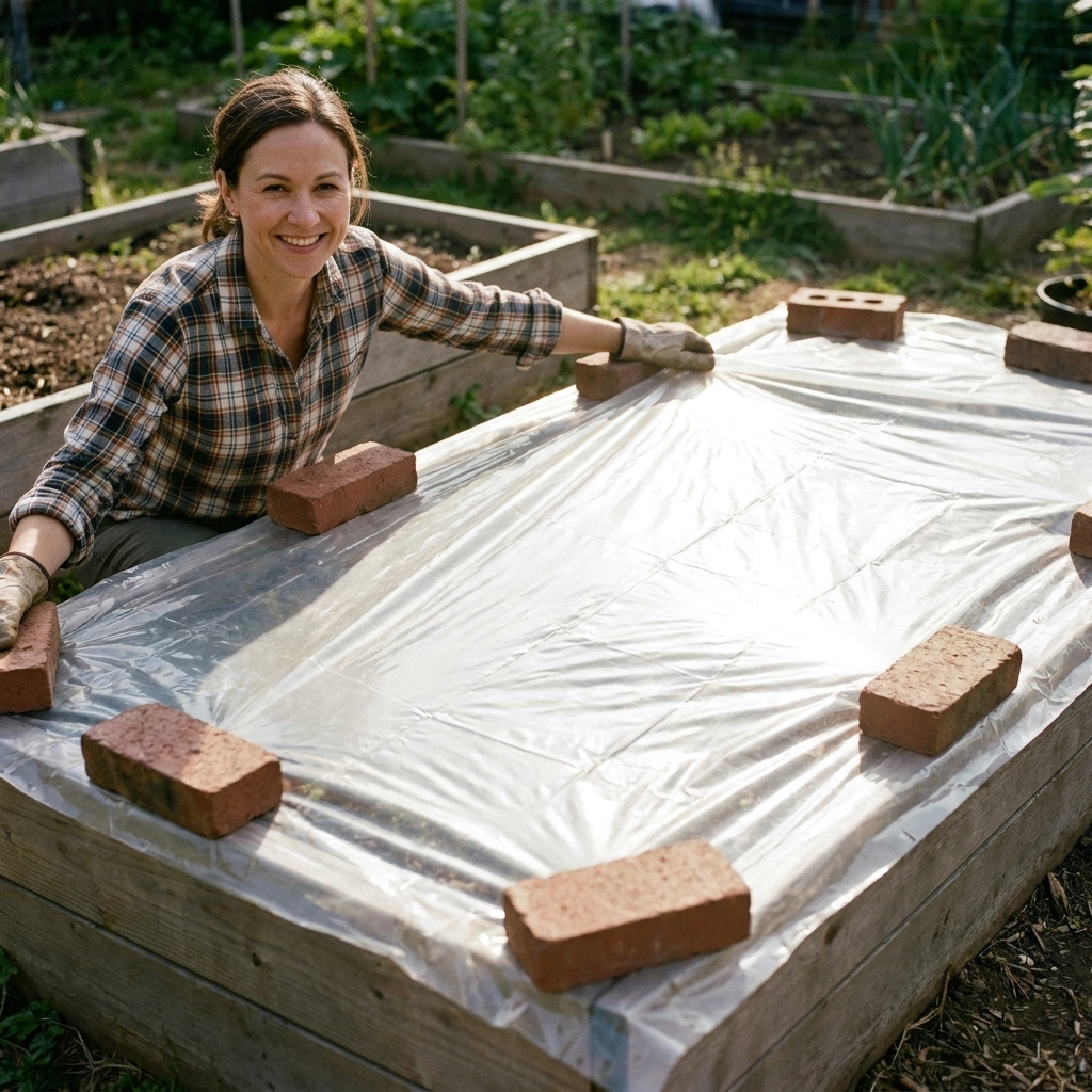 Clear plastic stretched tightly over a rectangular raised garden bed with bricks holding down the edges, sunlight reflecting off the plastic surface