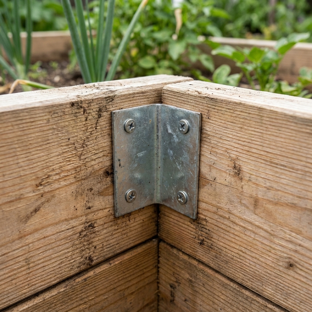 Close-up of a galvanized steel corner bracket screwed into the inside corner of a wooden raised bed to reinforce the joint