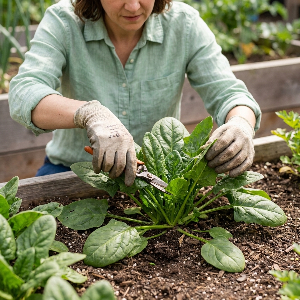 Close-up of a spinach plant in a raised bed with outer leaves being snipped at the stems while the central crown remains untouched