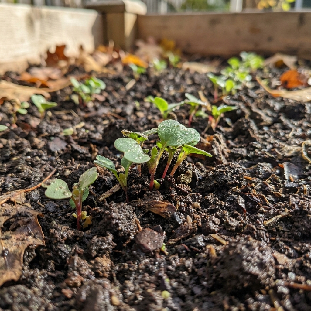 Close-up of crimson clover seedlings emerging through dark, moist raised bed soil in autumn